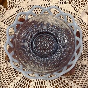 Imperial Glass Katy Blue Opalescent Lace Edge Bowl.